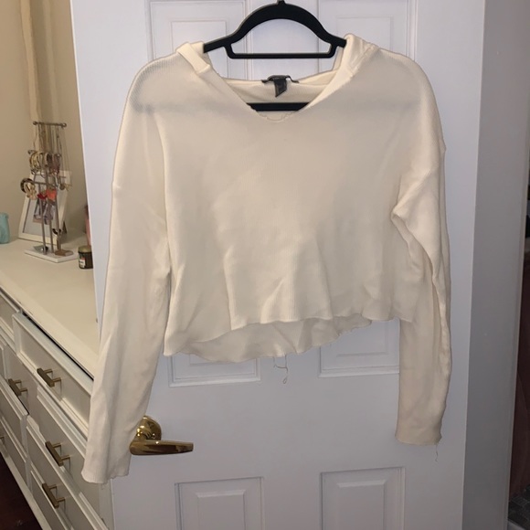 White Waffle Long Sleeve Hooded Crop Top - Picture 1 of 4